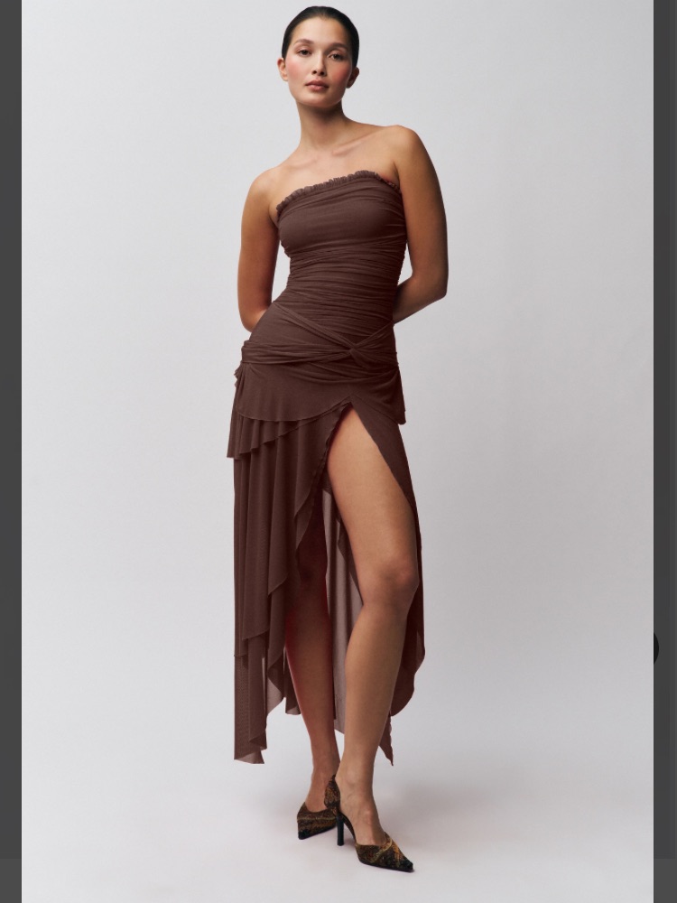 Danielle Guizio Chocolate Lyla Mesh Twist Drape Dress S